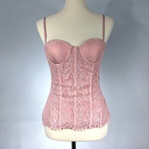 LDTJ Pink Lace Boned Corset Bustier Top Medium Large Strapless Lingerie Zip